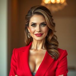 A beautiful 45-year-old woman, wearing a stunning red outfit, stands confidently facing the camera