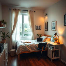 A cozy bedroom featuring a single bed with soft bedding, a neatly arranged desk with a laptop, books, and a stylish desk lamp, warm ambient lighting to create a relaxing atmosphere, and decorative elements such as plants and artwork on the walls