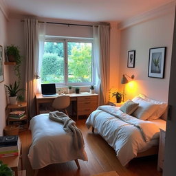 A cozy bedroom featuring a single bed with soft bedding, a neatly arranged desk with a laptop, books, and a stylish desk lamp, warm ambient lighting to create a relaxing atmosphere, and decorative elements such as plants and artwork on the walls