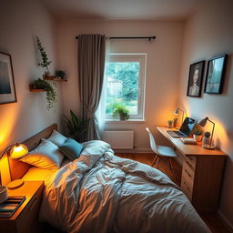 A cozy bedroom featuring a single bed with soft bedding, a neatly arranged desk with a laptop, books, and a stylish desk lamp, warm ambient lighting to create a relaxing atmosphere, and decorative elements such as plants and artwork on the walls