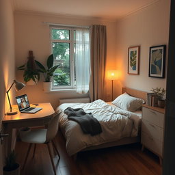 A cozy bedroom featuring a single bed with soft bedding, a neatly arranged desk with a laptop, books, and a stylish desk lamp, warm ambient lighting to create a relaxing atmosphere, and decorative elements such as plants and artwork on the walls
