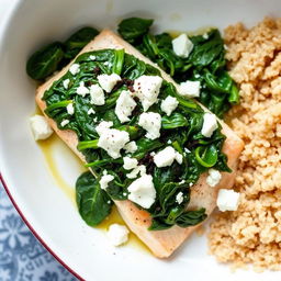 A healthy Greek dish featuring white fish like salmon or tilapia, cooked with fresh spinach and crumbled feta cheese