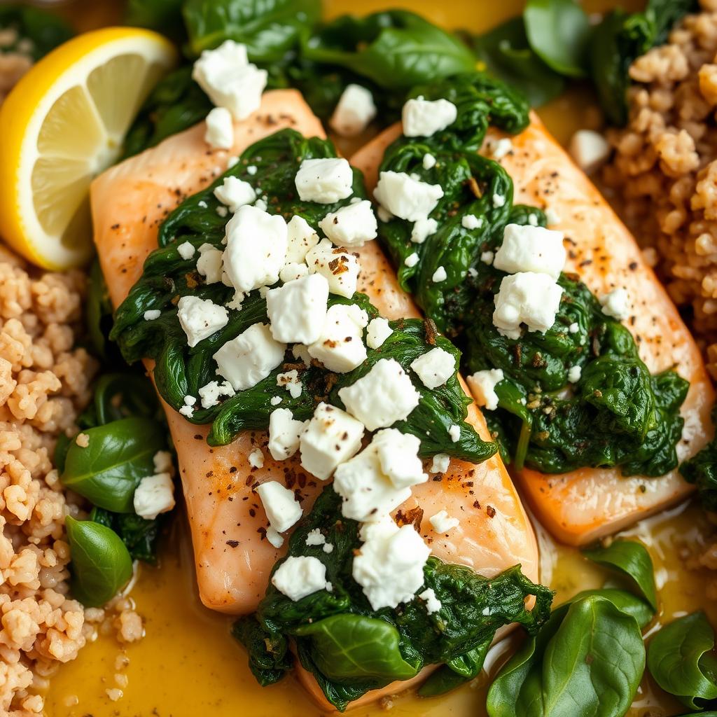 A healthy Greek dish featuring white fish like salmon or tilapia, cooked with fresh spinach and crumbled feta cheese