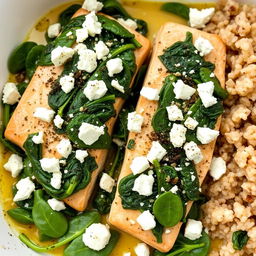 A healthy Greek dish featuring white fish like salmon or tilapia, cooked with fresh spinach and crumbled feta cheese