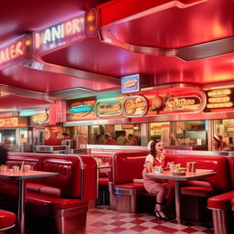 A bustling 1950s diner with neon lights, jukebox, red vinyl booths, waitresses in vintage uniforms, and patrons enjoying burgers and milkshakes.