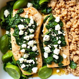 A healthy Greek dish featuring white fish like salmon or tilapia, cooked with fresh spinach and crumbled feta cheese