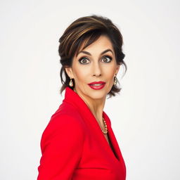 A beautiful 45-year-old woman, wearing a striking red outfit, stands confidently facing the camera