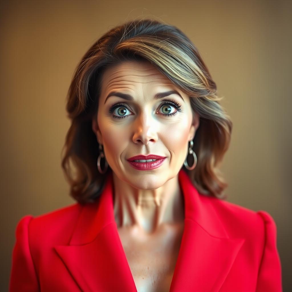 A beautiful 45-year-old woman, wearing a striking red outfit, stands confidently facing the camera