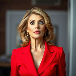A beautiful 45-year-old woman, wearing a striking red outfit, stands confidently facing the camera