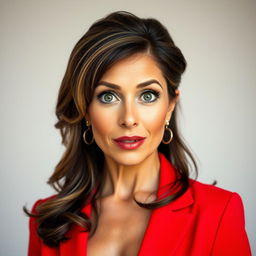 A beautiful 45-year-old woman, dressed in a vibrant red outfit, stands facing the camera with a surprised expression