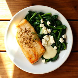 A delicious plate featuring cooked fish fillet served alongside cooked spinach and melted feta cheese