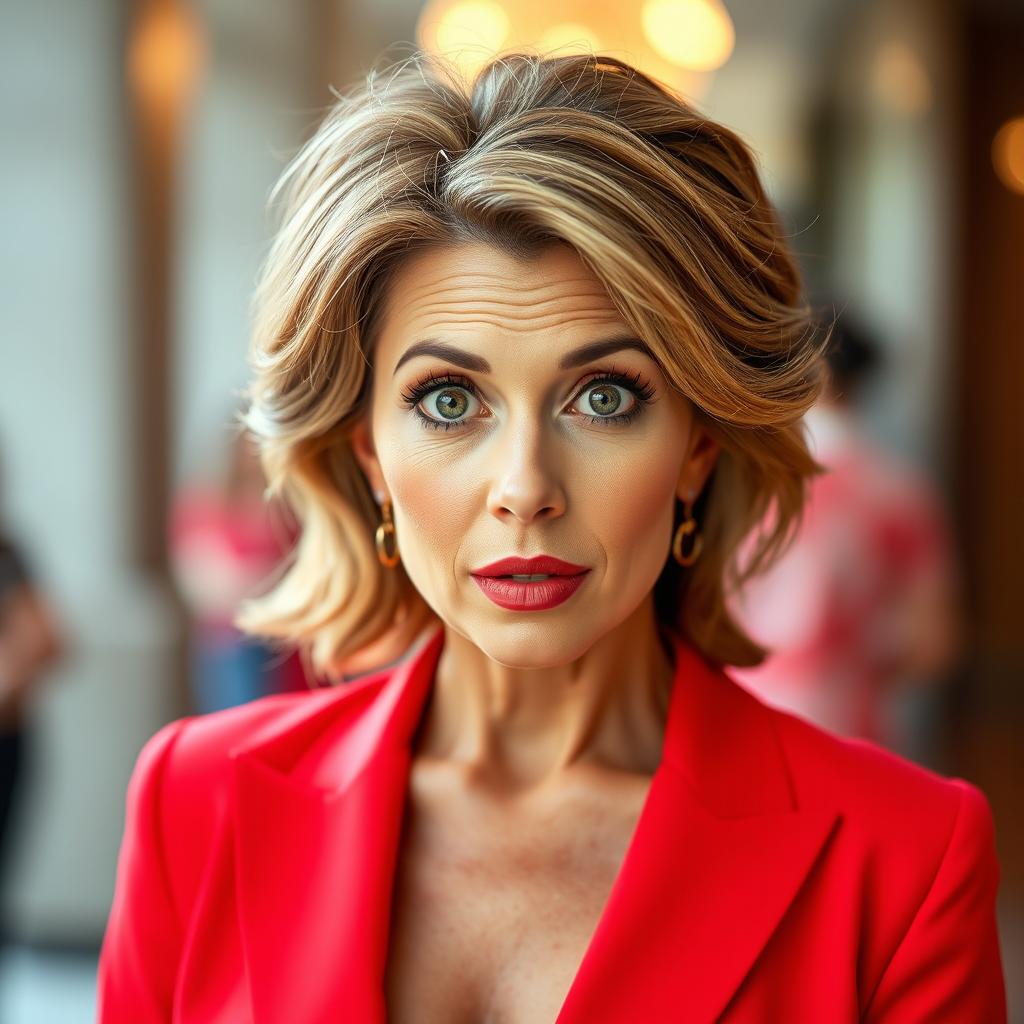 A beautiful 45-year-old woman, dressed in a vibrant red outfit, stands facing the camera with a surprised expression