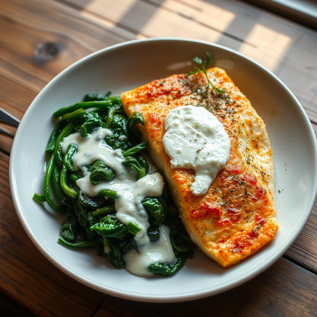 A delicious plate featuring cooked fish fillet served alongside cooked spinach and melted feta cheese