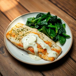 A delicious plate featuring cooked fish fillet served alongside cooked spinach and melted feta cheese