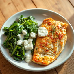 A delicious plate featuring cooked fish fillet served alongside cooked spinach and melted feta cheese