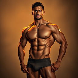 A muscular man standing confidently in an artistic pose, showcasing the beauty of the human form with well-defined muscles