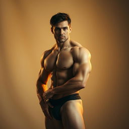A muscular man standing confidently in an artistic pose, showcasing the beauty of the human form with well-defined muscles