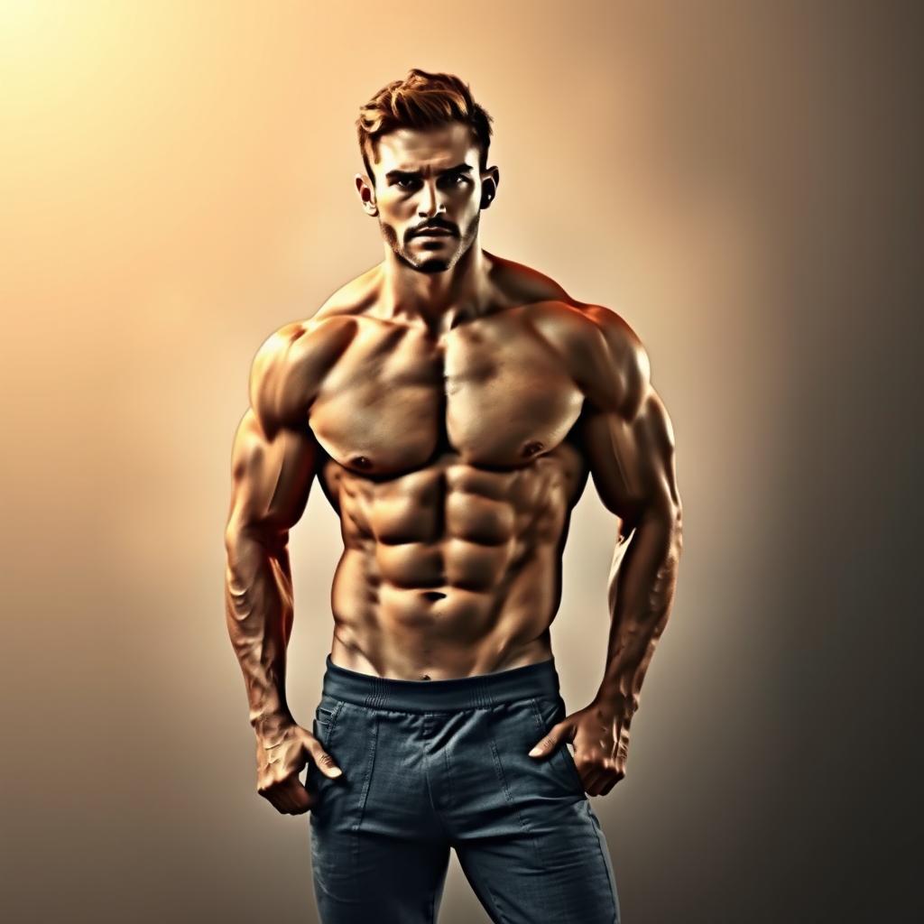 A muscular man standing confidently in an artistic pose, showcasing the beauty of the human form with well-defined muscles