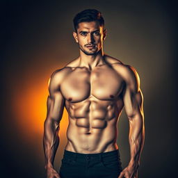 A muscular man standing confidently in an artistic pose, showcasing the beauty of the human form with well-defined muscles