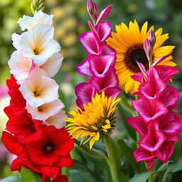 A beautiful arrangement of white, red, and blue gladiolus flowers forming a heart shape, next to a stunning sunflower