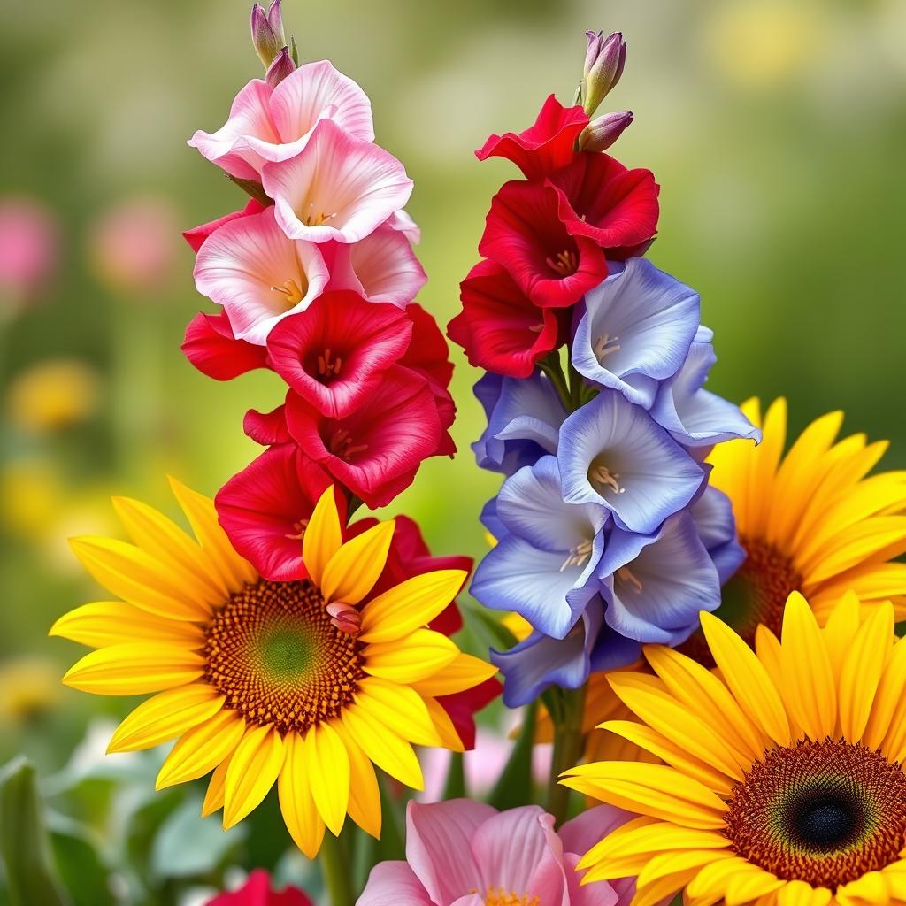 A beautiful arrangement of white, red, and blue gladiolus flowers forming a heart shape, next to a stunning sunflower