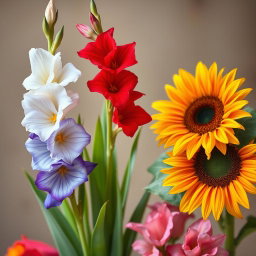 A beautiful arrangement of white, red, and blue gladiolus flowers forming a heart shape, next to a stunning sunflower