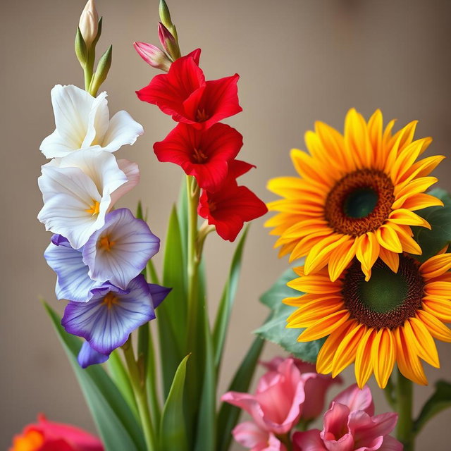 A beautiful arrangement of white, red, and blue gladiolus flowers forming a heart shape, next to a stunning sunflower