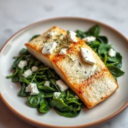 A beautifully plated dish featuring a fillet of fish cooked to perfection, resting on a bed of tender, cooked spinach