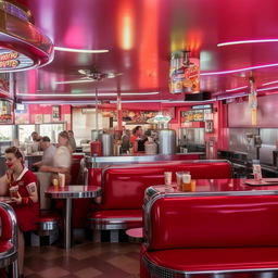 A bustling 1950s diner with neon lights, jukebox, red vinyl booths, waitresses in vintage uniforms, and patrons enjoying burgers and milkshakes.