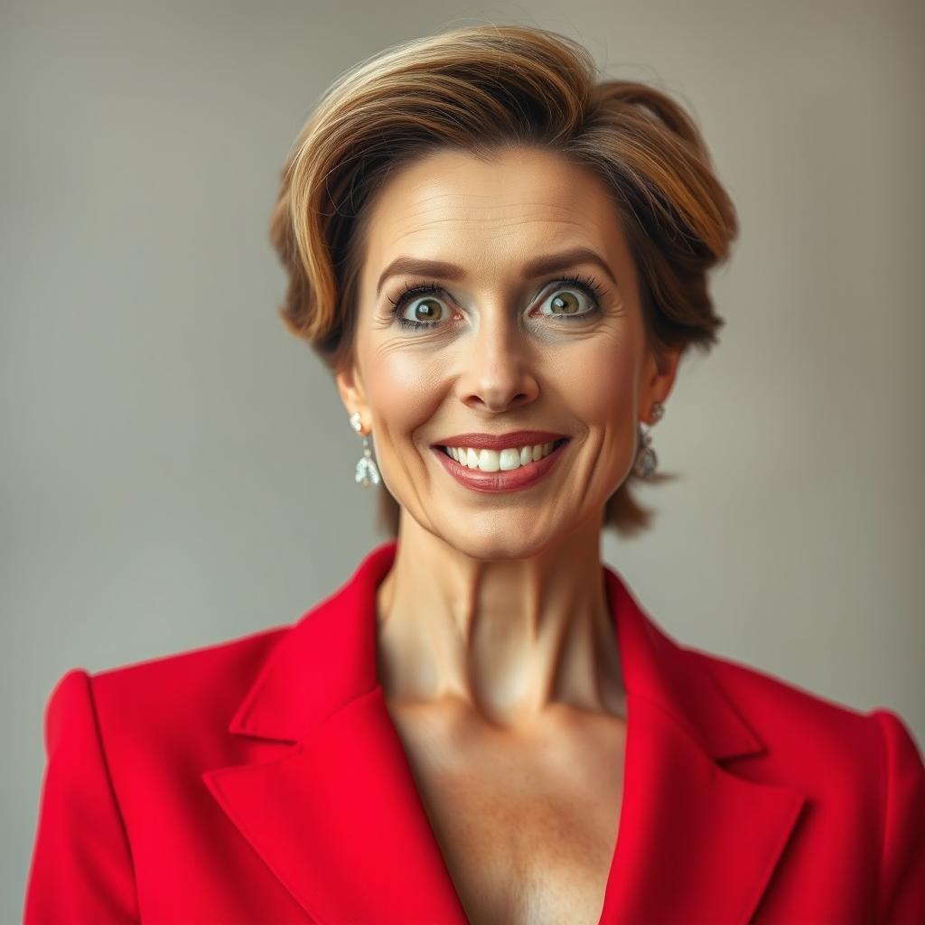 A beautiful 45-year-old woman, dressed in a stunning red outfit, stands directly facing the camera with a delightfully surprised expression on her face