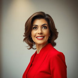 A beautiful 45-year-old woman, dressed in a stunning red outfit, stands directly facing the camera with a delightfully surprised expression on her face