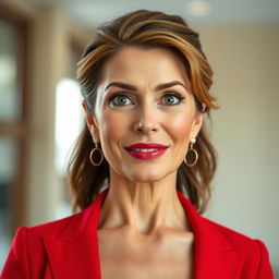 A beautiful 45-year-old woman, dressed in a stunning red outfit, stands directly facing the camera with a delightfully surprised expression on her face