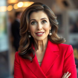 A beautiful 45-year-old woman, dressed in a stunning red outfit, stands directly facing the camera with a delightfully surprised expression on her face