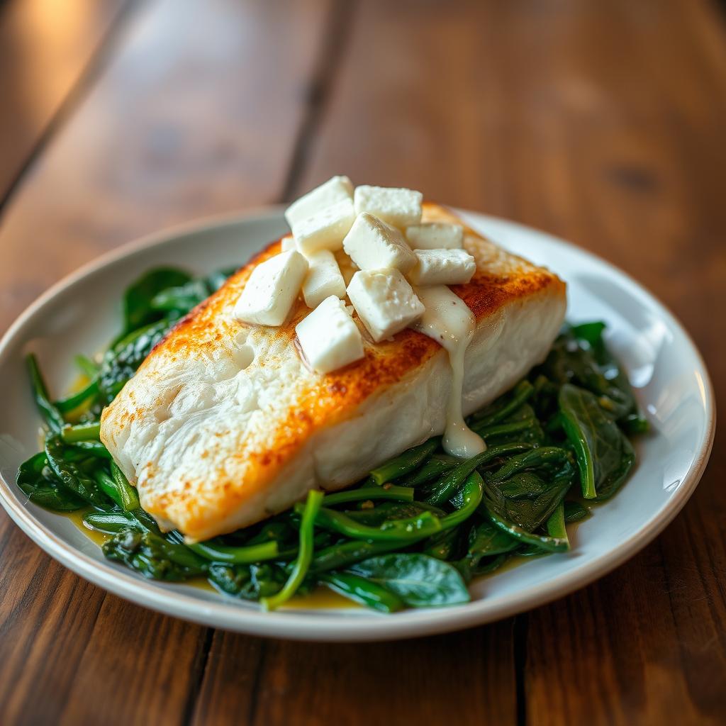 A delicious dish featuring cooked fish fillet placed elegantly atop a bed of sautéed spinach