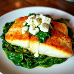 A delicious dish featuring cooked fish fillet placed elegantly atop a bed of sautéed spinach