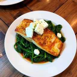 A delicious dish featuring cooked fish fillet placed elegantly atop a bed of sautéed spinach