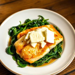 A delicious dish featuring cooked fish fillet placed elegantly atop a bed of sautéed spinach