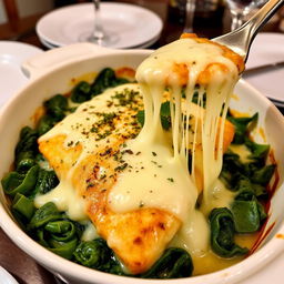 A delicious fish fillet casserole cooked with spinach and melted cheese, showcased in an elegant serving dish