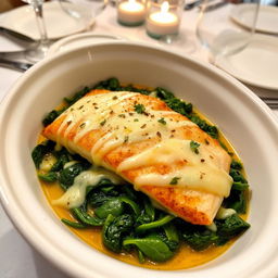 A delicious fish fillet casserole cooked with spinach and melted cheese, showcased in an elegant serving dish