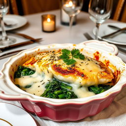 A delicious fish fillet casserole cooked with spinach and melted cheese, showcased in an elegant serving dish