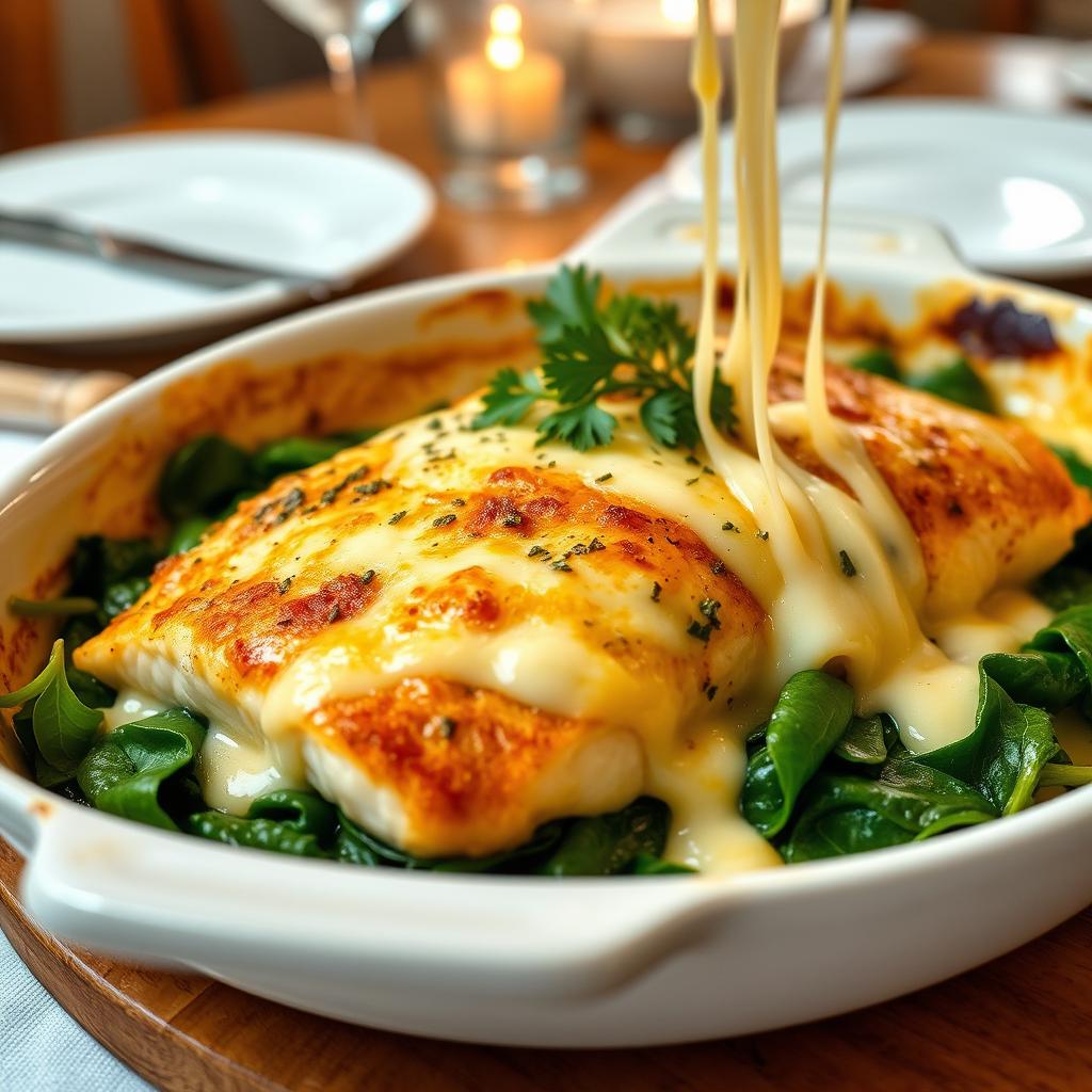 A delicious fish fillet casserole cooked with spinach and melted cheese, showcased in an elegant serving dish