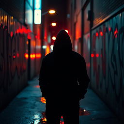A mysterious figure wearing a black hoodie, standing in a dimly lit urban alleyway surrounded by graffiti-covered walls and puddles reflecting neon lights