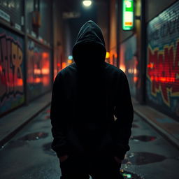 A mysterious figure wearing a black hoodie, standing in a dimly lit urban alleyway surrounded by graffiti-covered walls and puddles reflecting neon lights