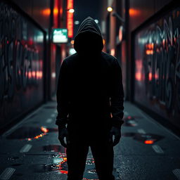 A mysterious figure wearing a black hoodie, standing in a dimly lit urban alleyway surrounded by graffiti-covered walls and puddles reflecting neon lights