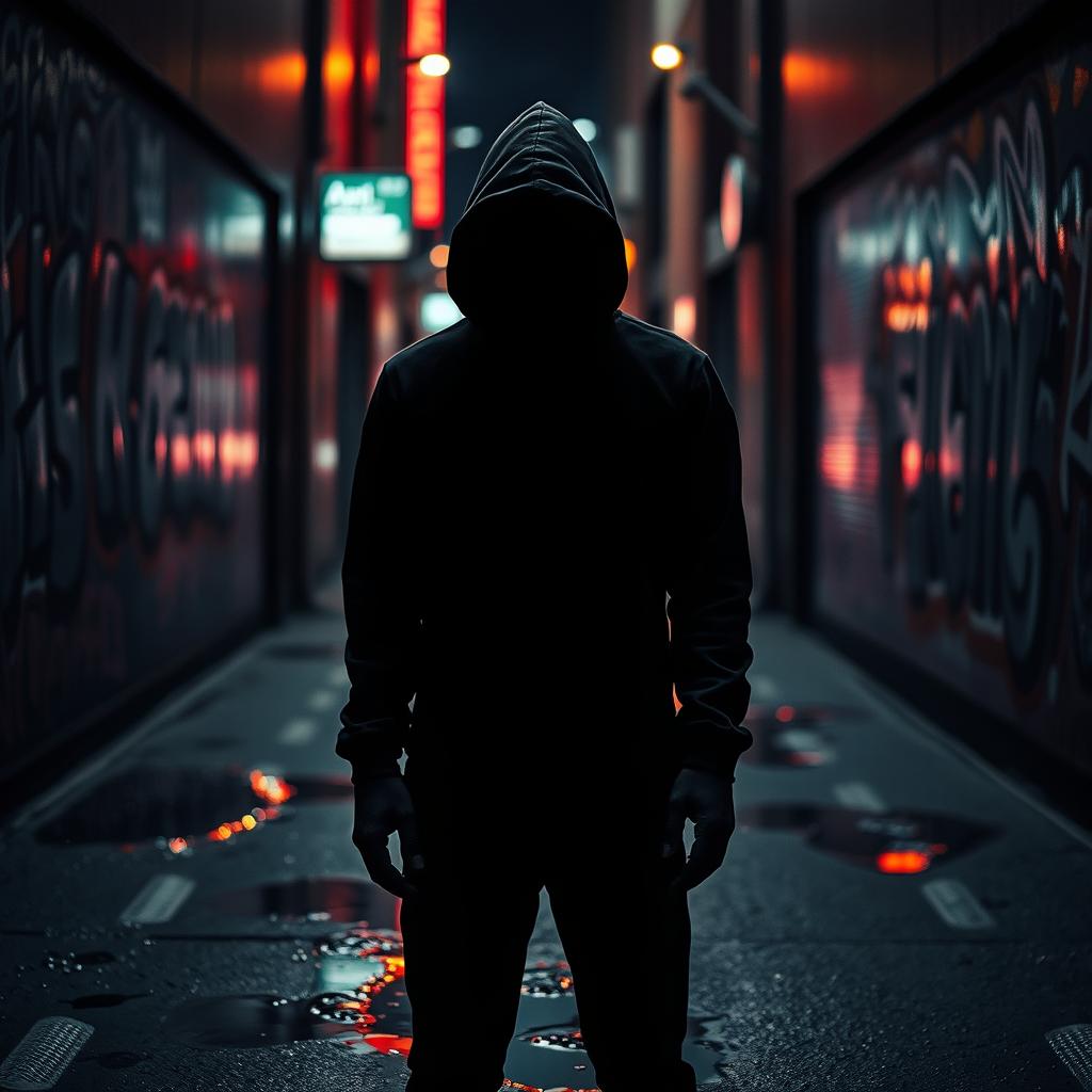 A mysterious figure wearing a black hoodie, standing in a dimly lit urban alleyway surrounded by graffiti-covered walls and puddles reflecting neon lights
