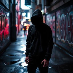 A mysterious figure wearing a black hoodie, standing in a dimly lit urban alleyway surrounded by graffiti-covered walls and puddles reflecting neon lights