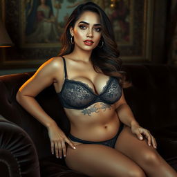 A 25-year-old Arab woman in lingerie, showcasing her curvy figure with large breasts, sitting confidently on a plush velvet couch, soft lighting highlighting her features and the intricate details of her lingerie