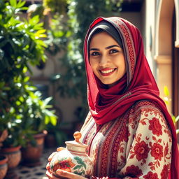 A beautiful portrait of an Arab woman in traditional attire, wearing a vibrant hijab adorned with intricate embroidery