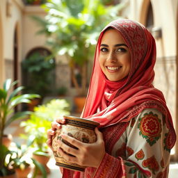 A beautiful portrait of an Arab woman in traditional attire, wearing a vibrant hijab adorned with intricate embroidery