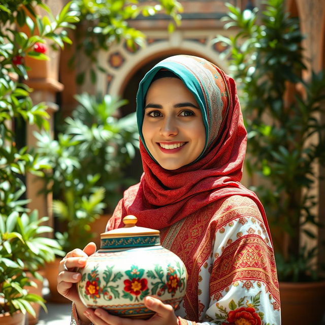A beautiful portrait of an Arab woman in traditional attire, wearing a vibrant hijab adorned with intricate embroidery
